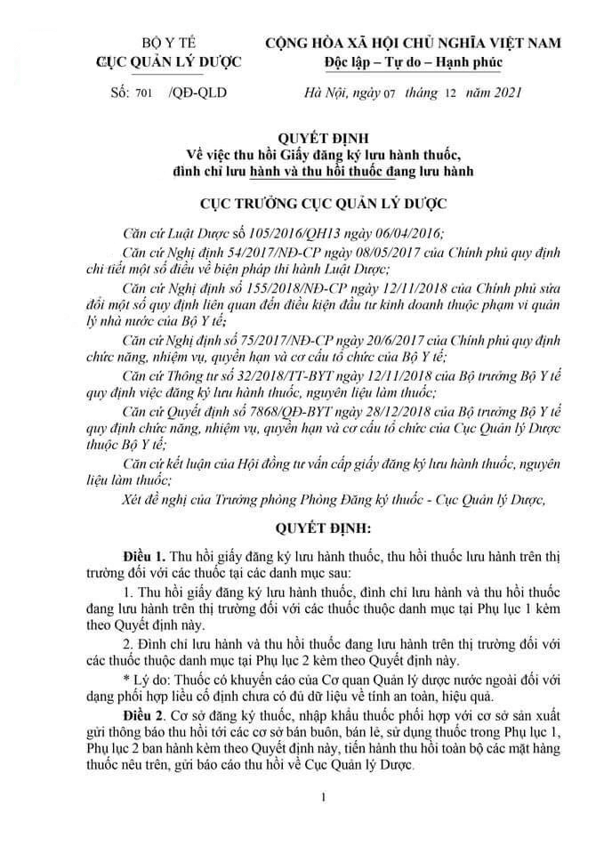 Quyết định 701/QĐ-QLD thu hồi đăng ký lưu hành thuốc